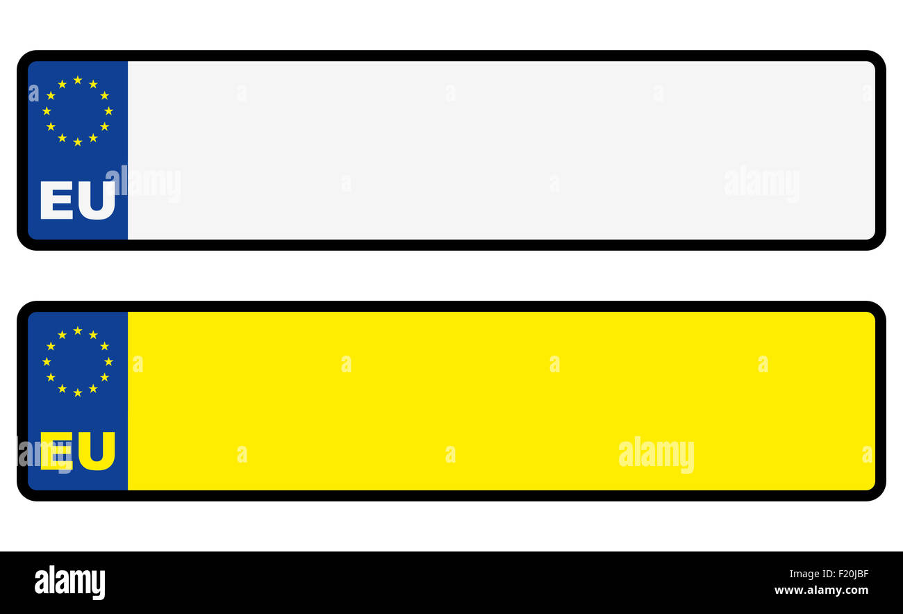 Abstract auto europea blank numero di targa o vuoto UE registrazione automobilistica tag di licenza in bianco e giallo varianti isolato Foto Stock