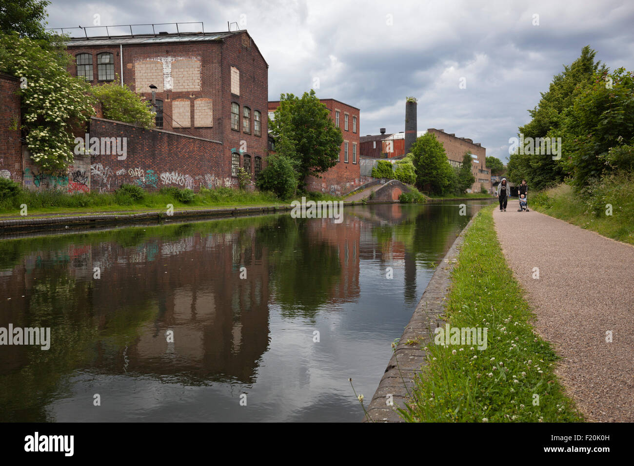 Fabbriche e abbandonata ex fabbriche accanto a Birmingham Canal vecchia linea, Birmingham, West Midlands, England, Regno Unito Foto Stock