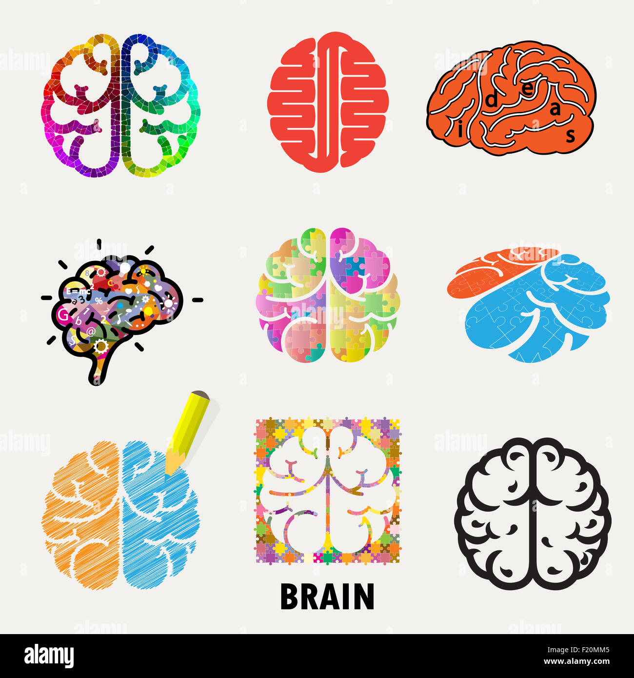 Raccolta di cervello, creazione e idea icone ed elementi.cervello creativo abstract logo design modello. Foto Stock