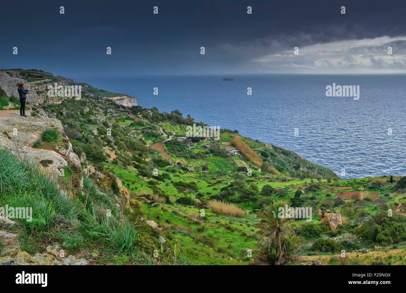 Malta, Dingli, Dingli Cliffs, paesaggio balneare di scogliere e terrazze raccolti agricoli sotto un cielo tempestoso Foto Stock
