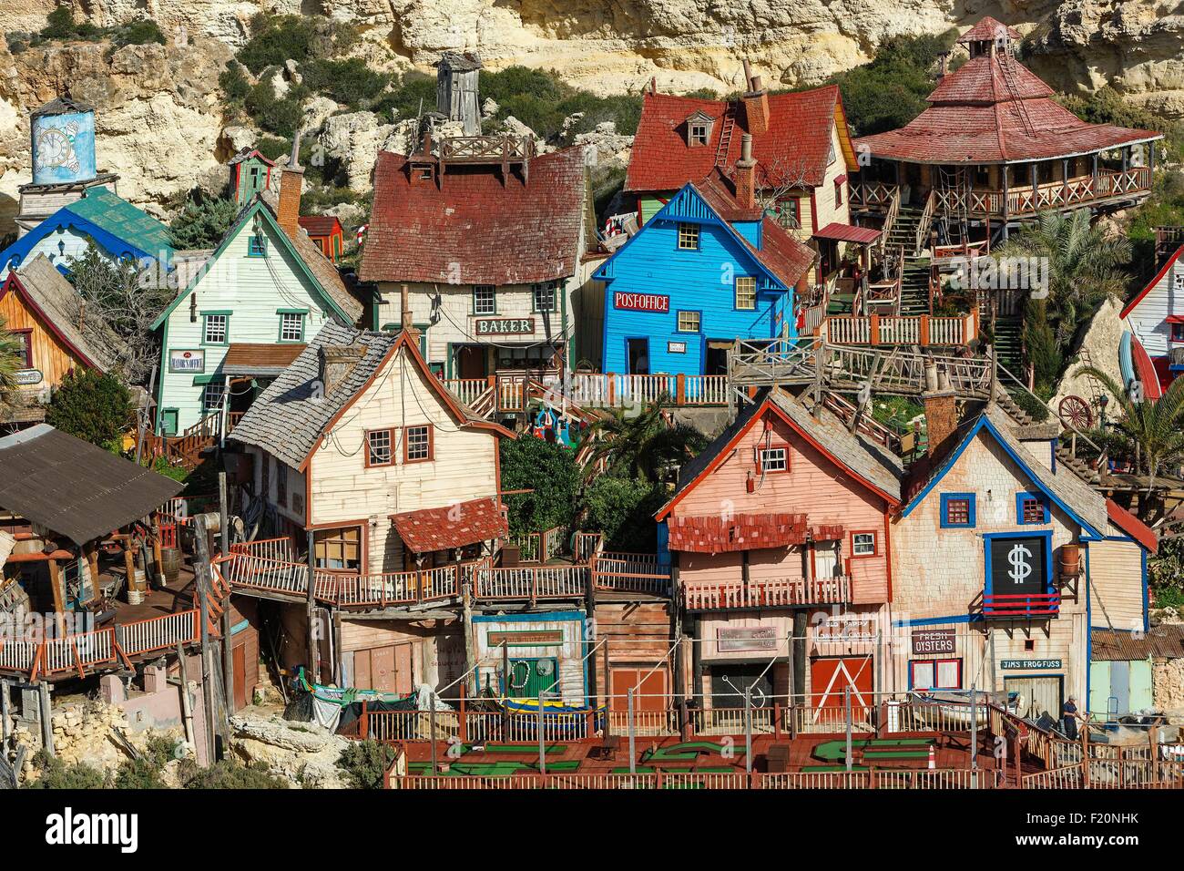 Malta, Mellieha, Anchor Bay, Popeye Village, vista generale del villaggio di Popeye utilizzato per le riprese di un film Foto Stock