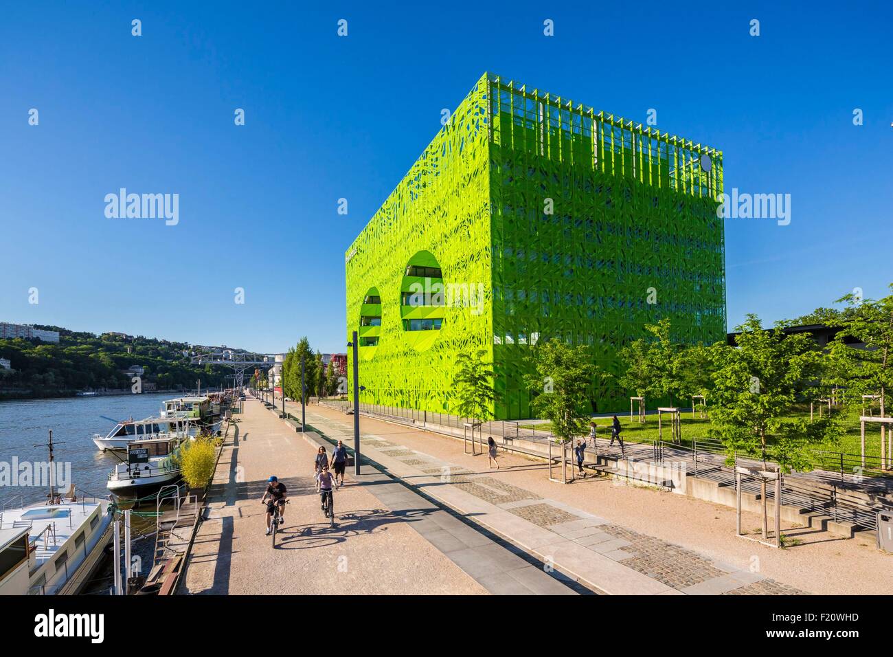 Francia, Rhone, Lione, la confluenza distretto sud di Presqu'ile, vicino alla confluenza del Rodano e della Saona, è il primo francese quartiere sostenibile certificata dal WWF, quai Rambaud lungo la ex docks, Cubo Vert dagli architetti Domi Foto Stock