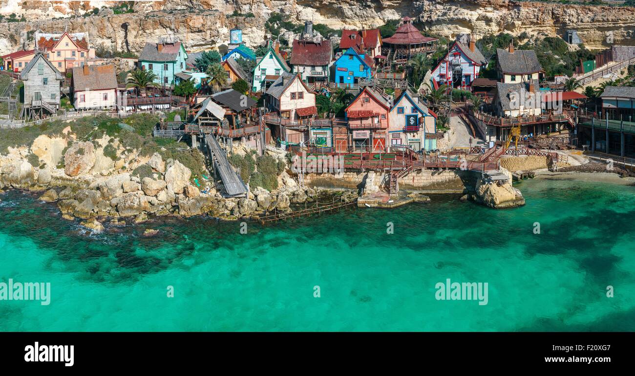 Malta, Mellieha, Anchor Bay, Popeye Village, vista generale del villaggio di Popeye utilizzato per le riprese di un film Foto Stock