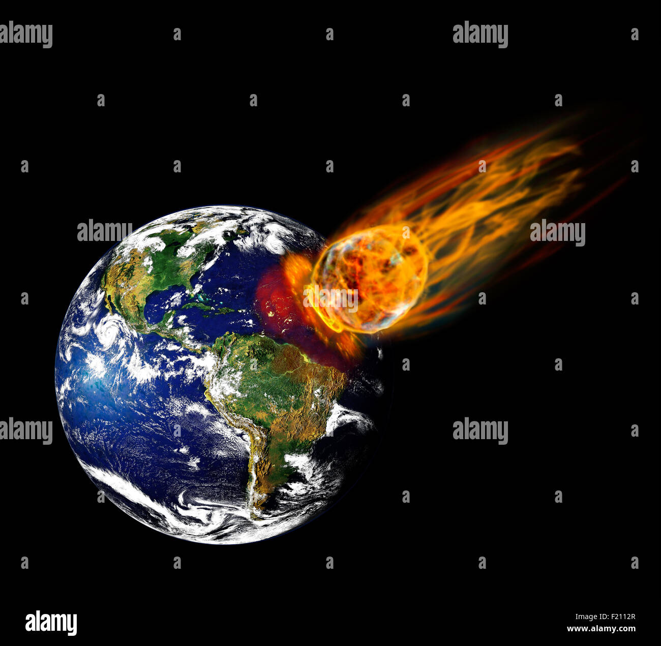 Collisione del pianeta Terra con enorme meteorite fiery. immagine pianeta da: Stokli, Nelson, Hasler Laboratorio per atmosfere Goddard Foto Stock