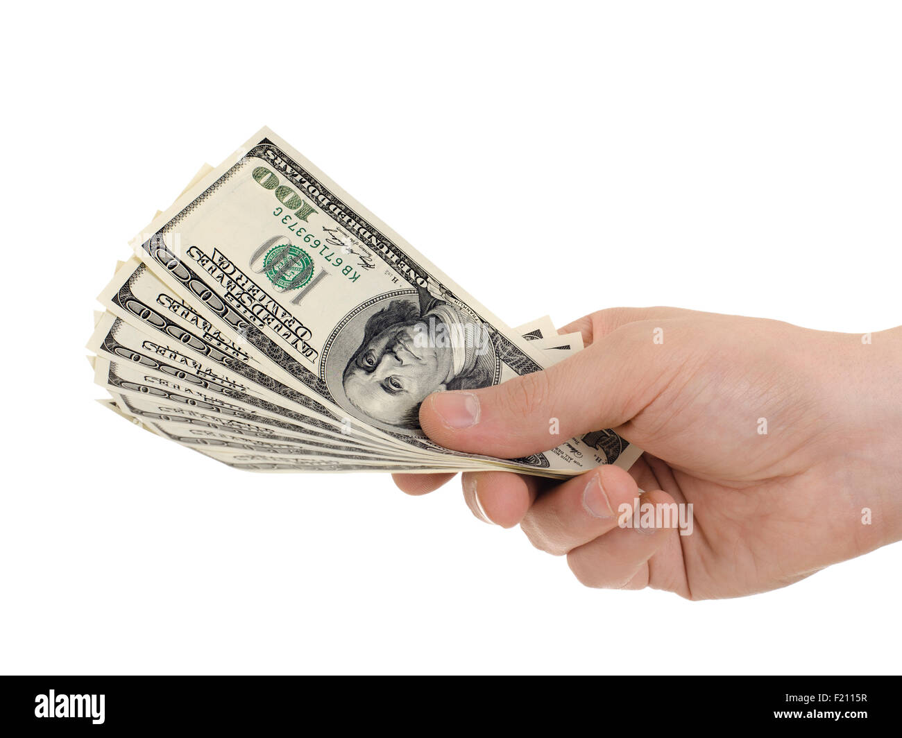 Valuta in contanti nota dollaro in mano su sfondo bianco, isolato Foto Stock