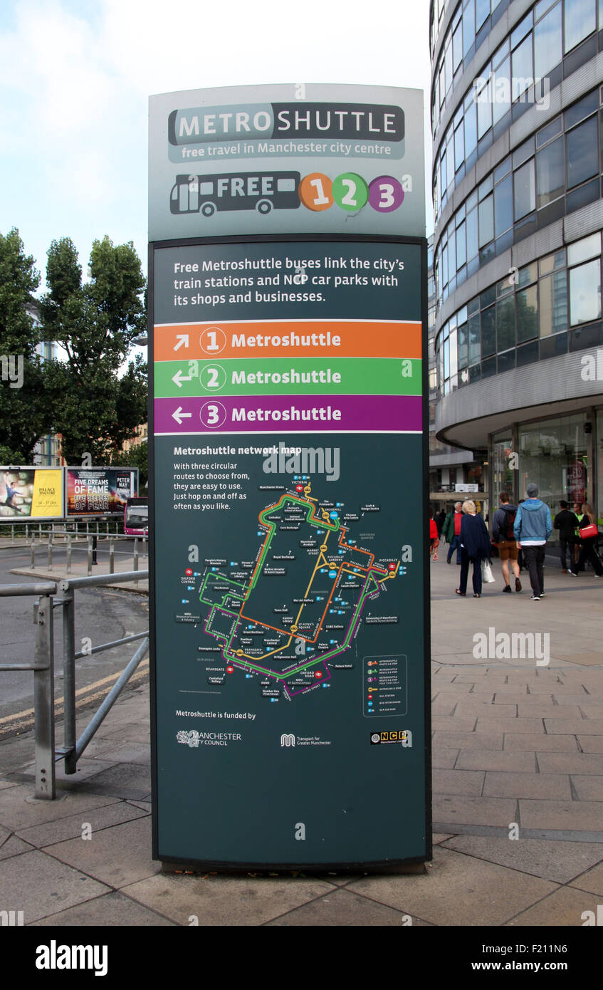 Manchester Metroshuttle Mappa al di fuori della stazione Piccadilly Foto Stock