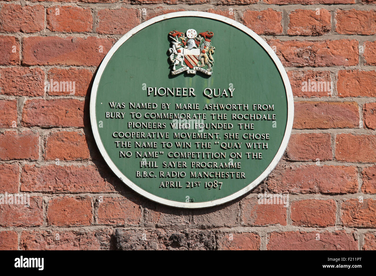 Pioneer Quay placca in Manchester Foto Stock