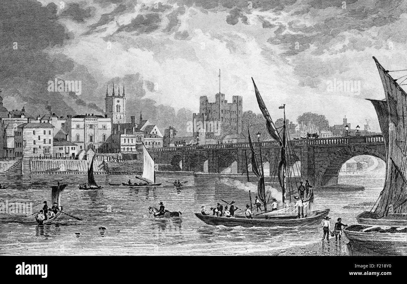 Rochester Bridge sul fiume Medway, costruito nel 1391, è stato migliorato per fornire un canale più ampio per la navigazione nel 1824, ma più tardi demolito nel 1856, Kent, Inghilterra. Foto Stock