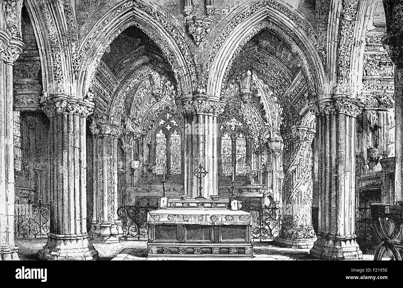 La Cappella di Rosslyn, fondata su una piccola collina sopra Roslin Glen come una chiesa cattolica chiesa collegiata nella metà del XV secolo, citato nel "Codice da Vinci" e un soggetto di grande speculazione, Roslin, Midlothian, Scozia. Foto Stock