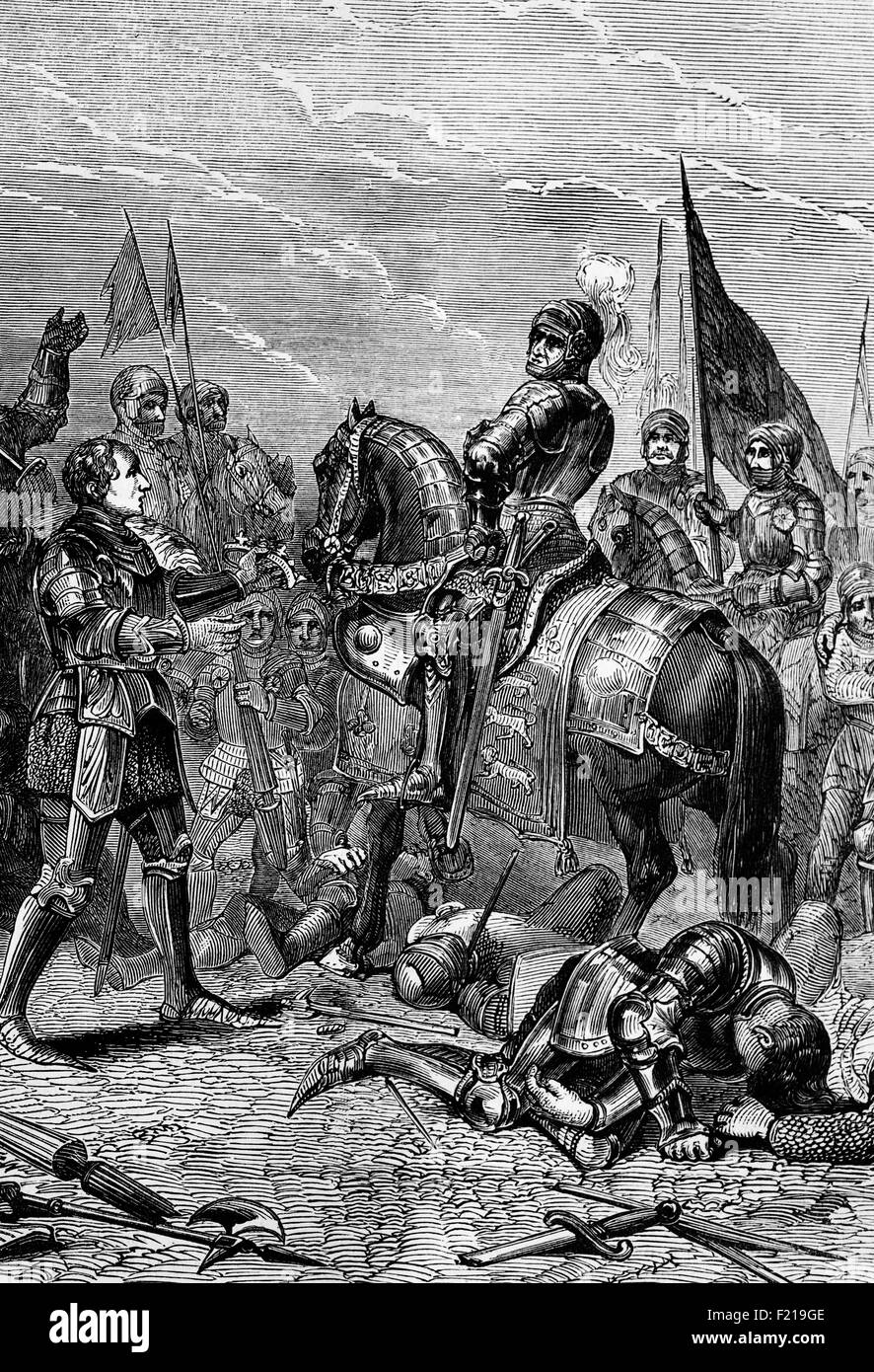 Lord Stanley portando la Corona di Richard a Enrico VII nella battaglia di Bosworth campo combattuto 22 agosto 1485,. La penultima battaglia delle Guerre delle Rose, la guerra civile tra le Case di Lancaster e York che ha avuto luogo nel Leicerstershire. Foto Stock