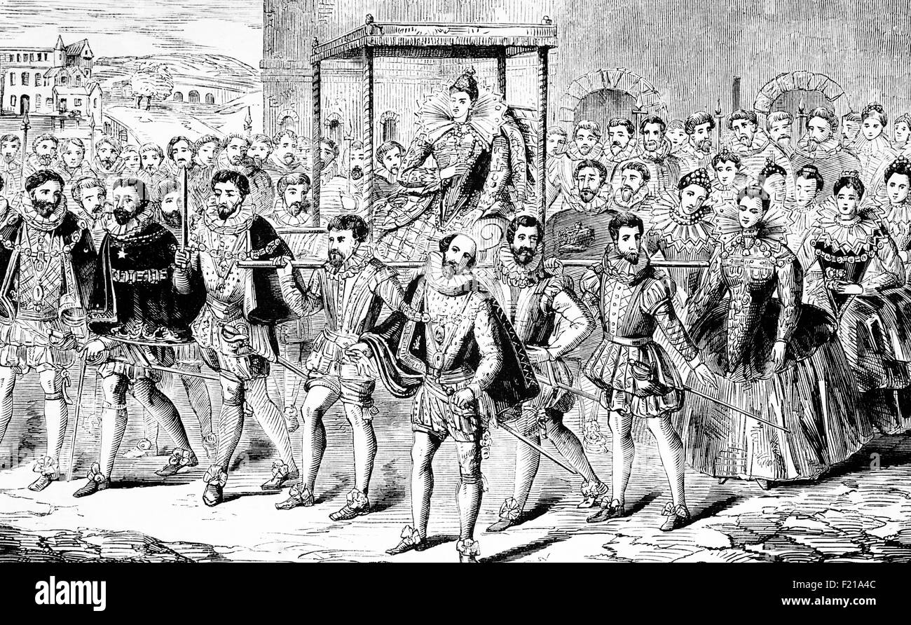Processione statale inglese della Regina Elisabetta i intorno al 1561. Fin dall'inizio del suo regno, la regina Elisabetta i sapeva come guadagnare popolarità con la gente comune. Durante la prima settimana del suo regno, ha fatto di ogni persona che aveva fiancheggiato le strade per vedere la sua sensazione di essere stata la sua attenzione. Elizabeth sapeva già come giocare ad un pubblico. I suoi talenti per le buone relazioni pubbliche servirebbero il suo bene durante il suo regno. Foto Stock