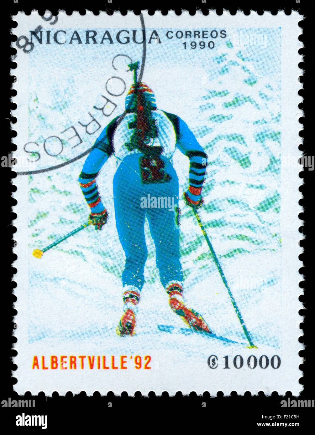 Nicaragua Timbro di Albertville 1992 Olimpiadi Invernali. Il biathlon Foto Stock