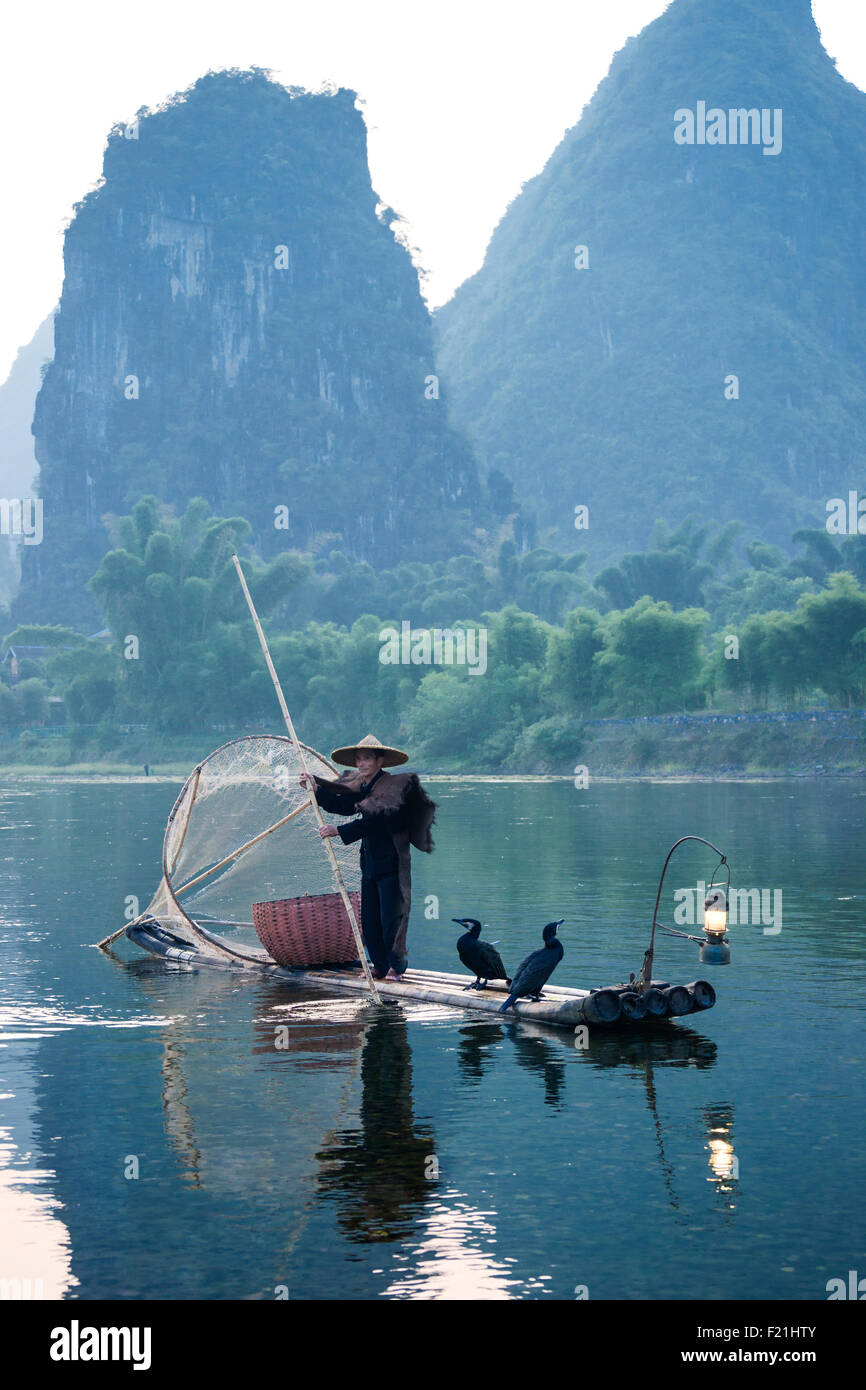 Cormorano pescatore sulla sua zattera con due uccelli, Yangshuo, Cina e Asia Foto Stock