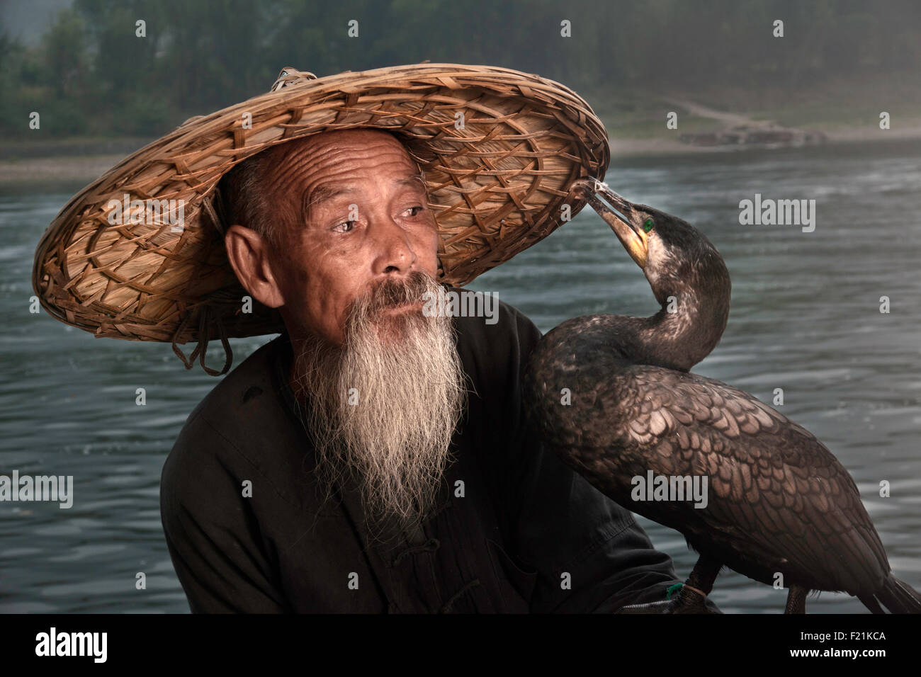 Cormorano cinese pescatore con una lunga barba guarda il suo uccello beccare il suo cappello di bambù, il Fiume Li, Xingping, Cina e Asia Foto Stock