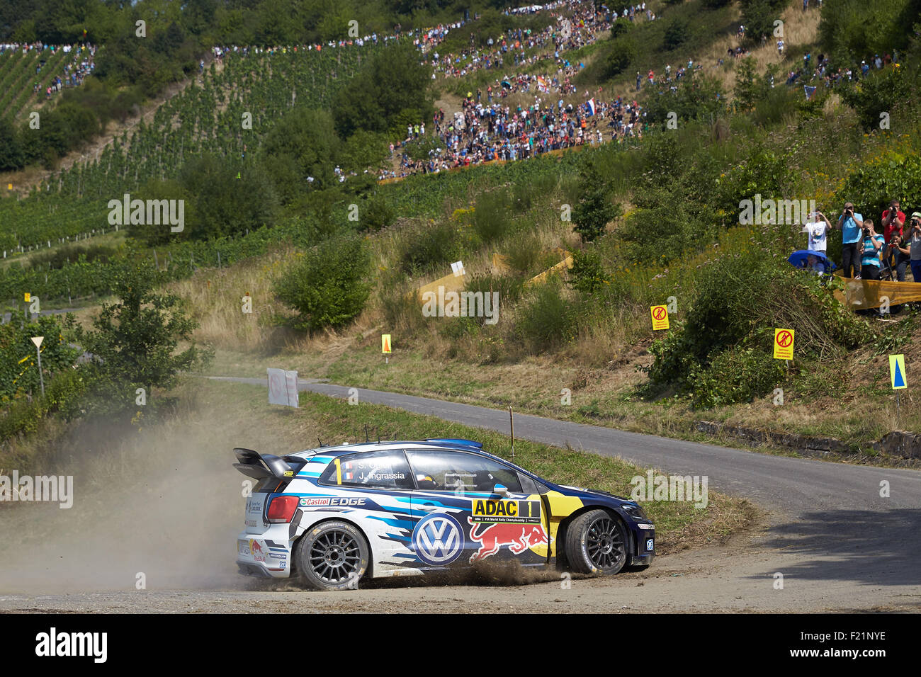 Sebastien Ogier e co-driver Julien Ingrassia, ADAC Rally Germania, Dhrontal dello stadio di potenza, Neumagen, Renania-Palatinato, Germania Foto Stock