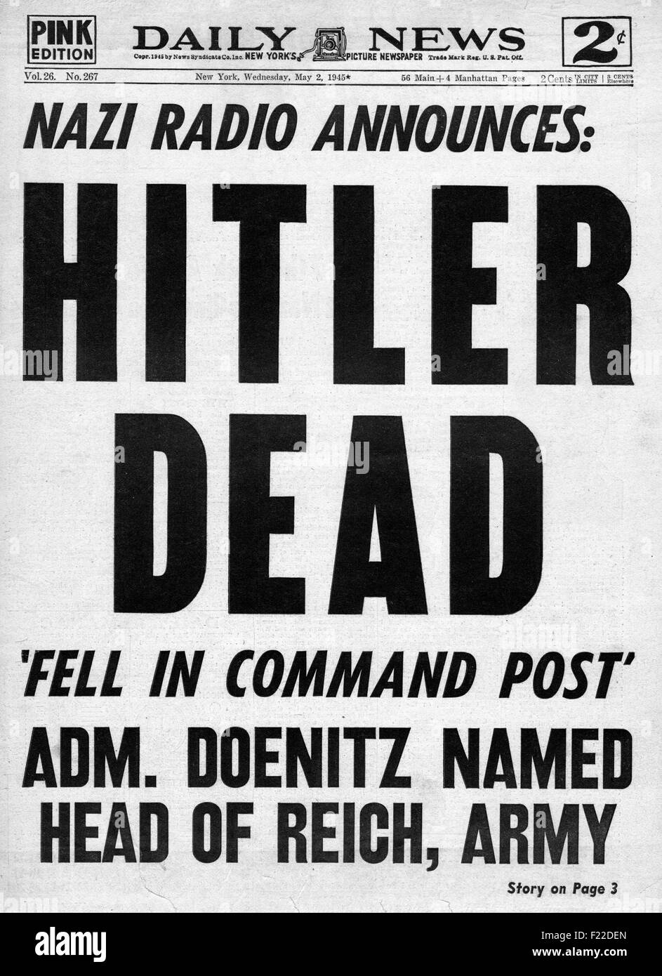 1945 Daily News (New York) pagina anteriore segnalato la morte di Adolf Hitler Foto Stock