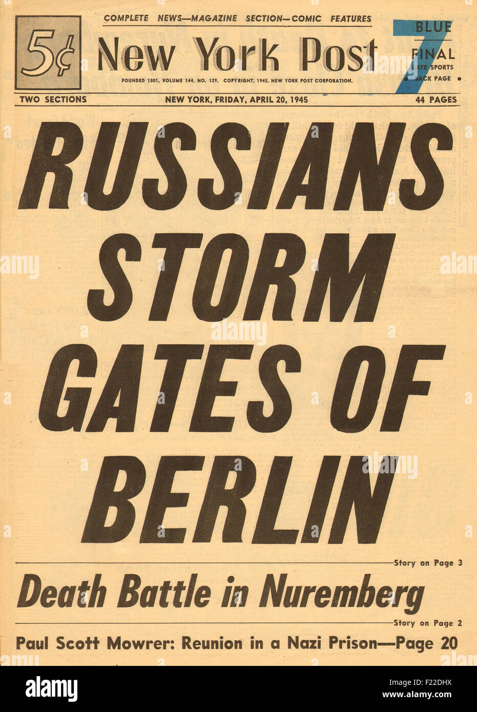 1945 New York Post pagina anteriore reporting esercito russo entra Berlin Foto Stock