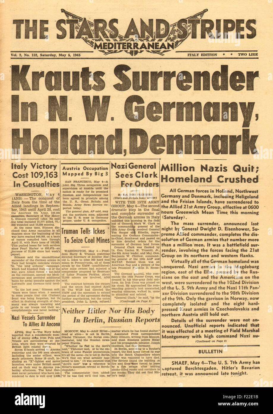 1945 a stelle e strisce (militari Usa Giornale) pagina anteriore segnalato l'esercito tedesco si arrende in NW Germania, Danimarca e Olanda Foto Stock