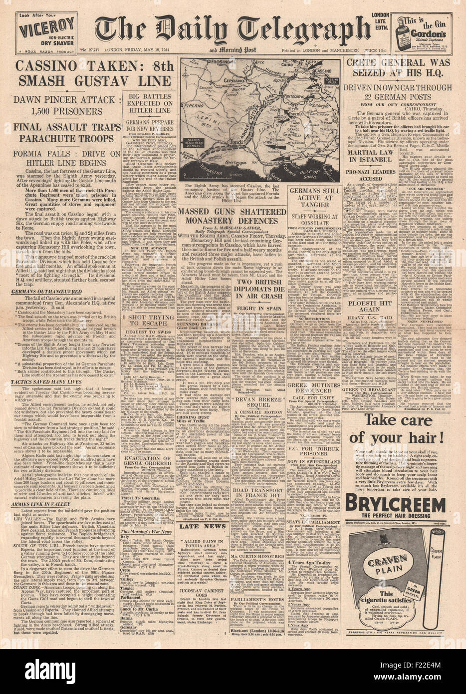 1944 Daily Telegraph front page reporting battaglia di Monte Cassino Foto Stock