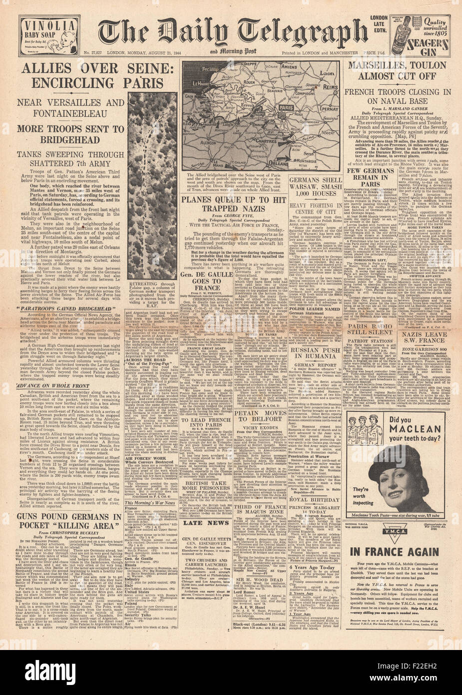 1944 Daily Telegraph front page Battaglia di reporting per Parigi Foto Stock