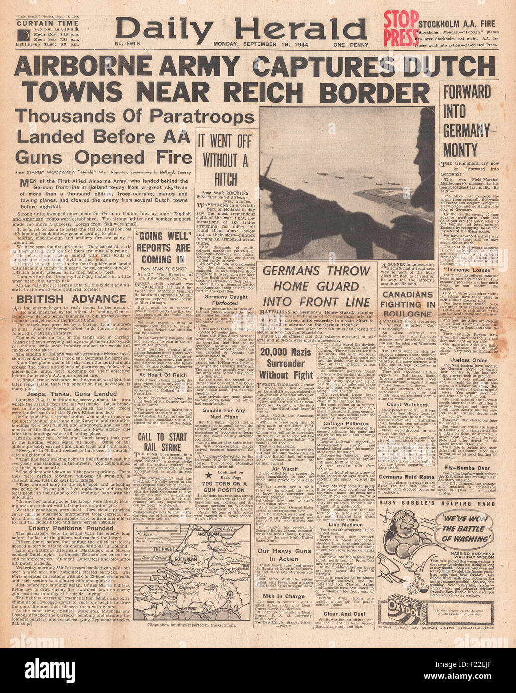 1944 Daily Herald pagina anteriore reporting paracadutisti alleati terreni in Olanda Foto Stock