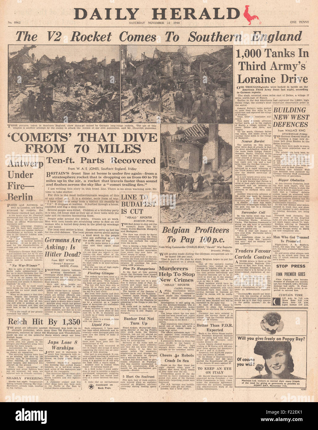 1944 Daily Herald pagina anteriore reporting V2 razzo sparato contro l'Inghilterra Foto Stock