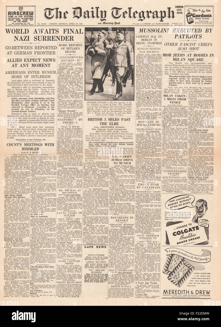 1945 Daily Telegraph front page reporting Benito Mussolini giustiziato dai partigiani Foto Stock