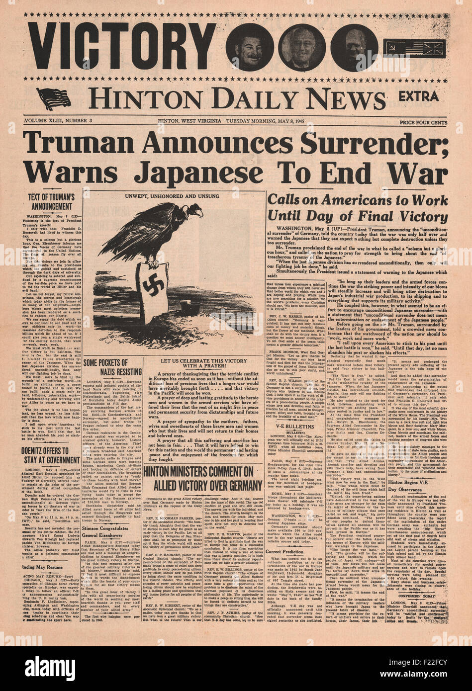 1945 Hinton Daily News (USA) pagina anteriore reporting giorno VE Foto Stock