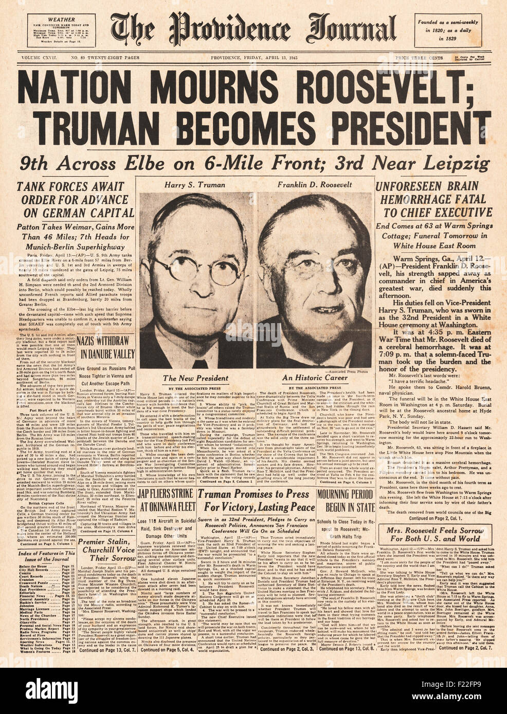 1945 La Provvidenza ufficiale pagina anteriore segnalato la morte del Presidente degli Stati Uniti Franklin Roosevelt Foto Stock