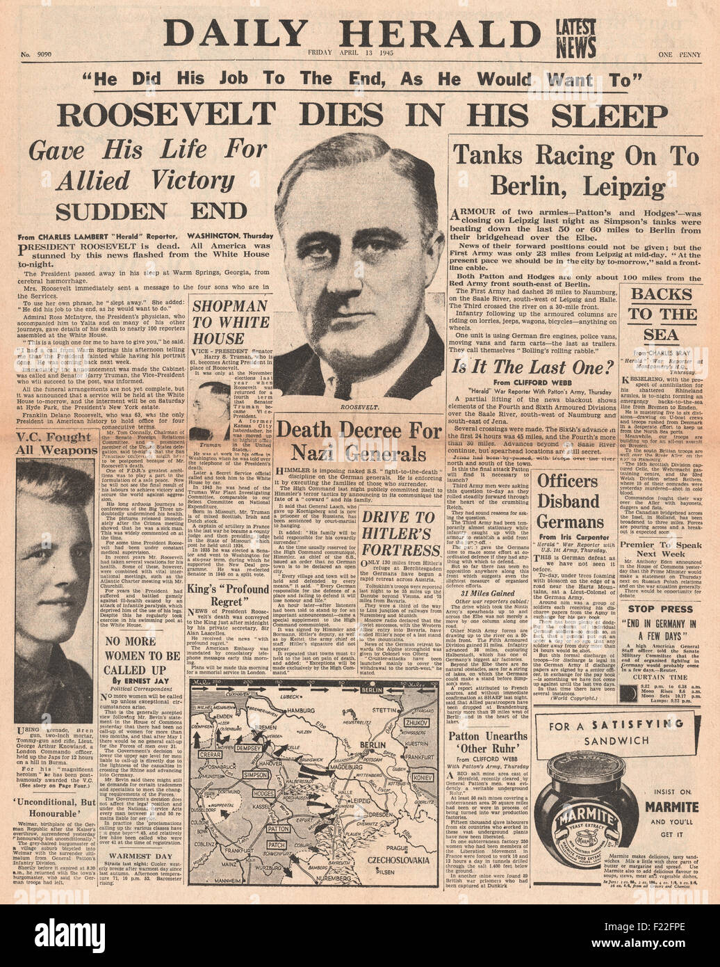 1945 Daily Herald pagina anteriore segnalato la morte del Presidente degli Stati Uniti Franklin Roosevelt Foto Stock