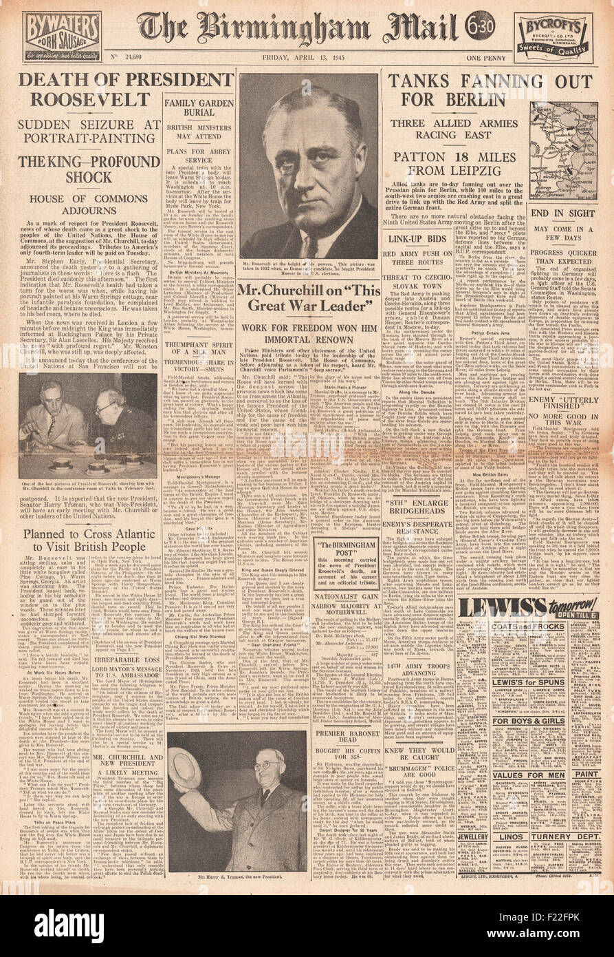 1945 Il Birmingham Mail pagina anteriore segnalato la morte del Presidente degli Stati Uniti Franklin Roosevelt Foto Stock