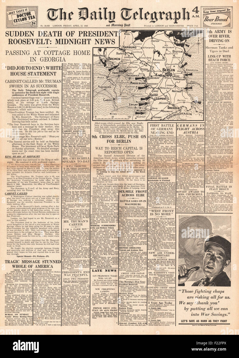 1945 Daily Telegraph pagina anteriore segnalato la morte del Presidente degli Stati Uniti Franklin Roosevelt Foto Stock