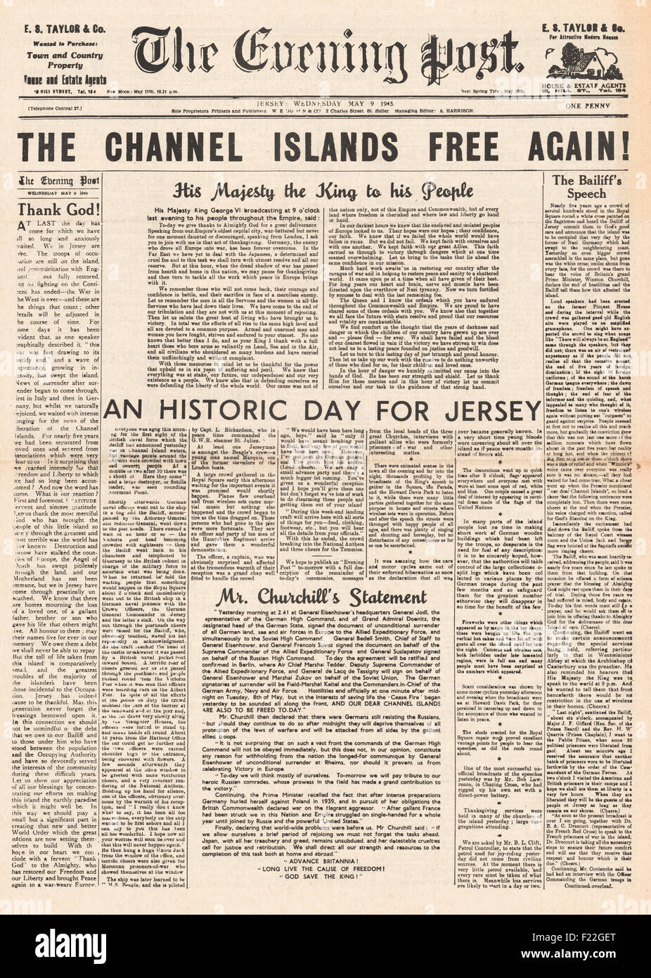 1945 Serata Post (Jersey) pagina anteriore segnalato la fine della guerra in Europa come la Germania nazista si arrende e VE Day Foto Stock