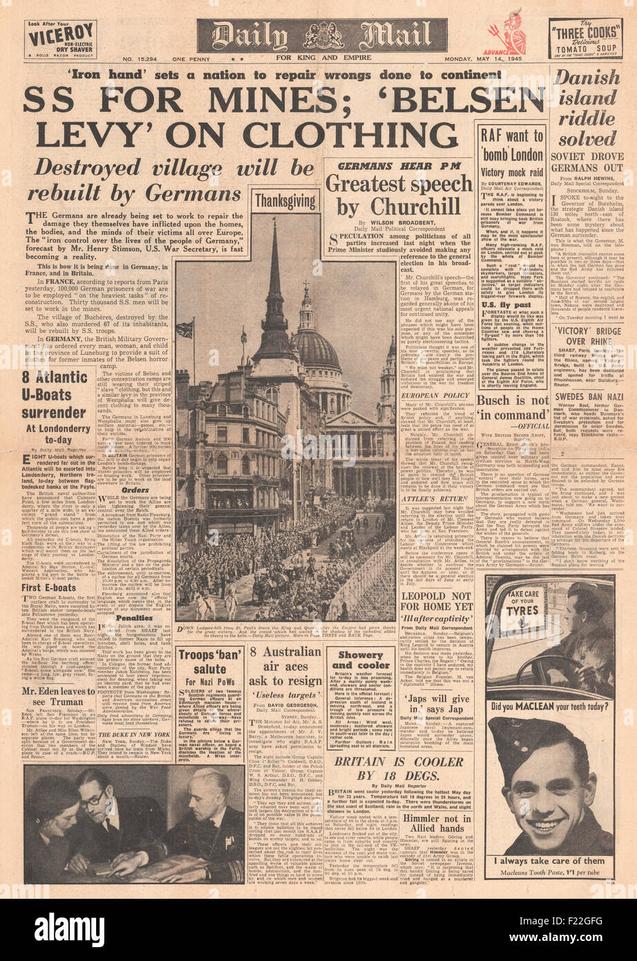 1945 Daily Mail front page SS di reporting dei prigionieri di guerra per lavorare nelle miniere francesi Foto Stock