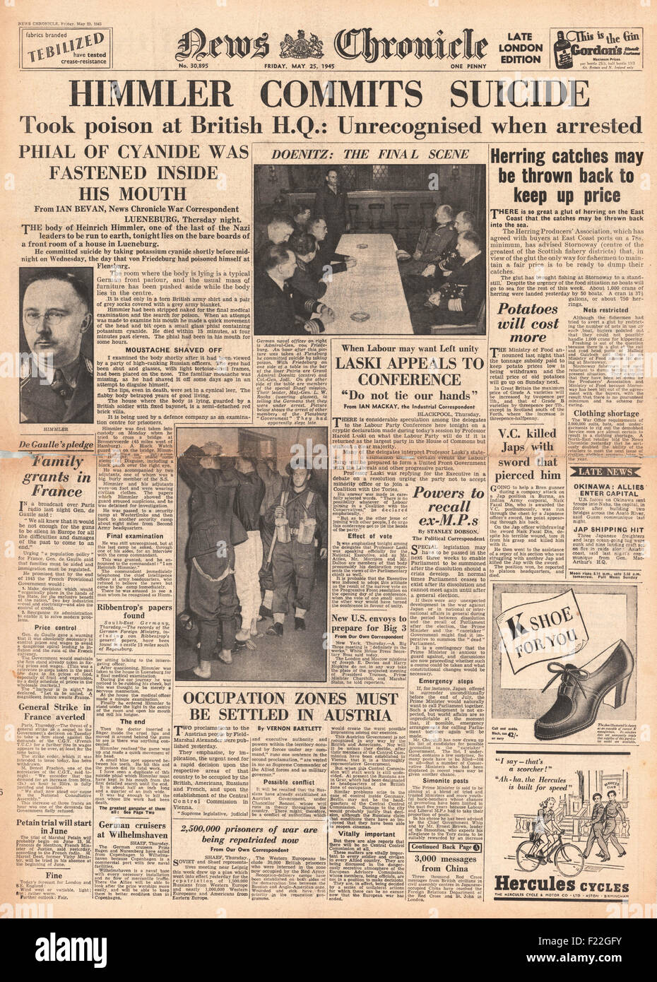 1945 News cronaca pagina anteriore reporting Heinrich Himmler suicida mentre in British custodia Foto Stock