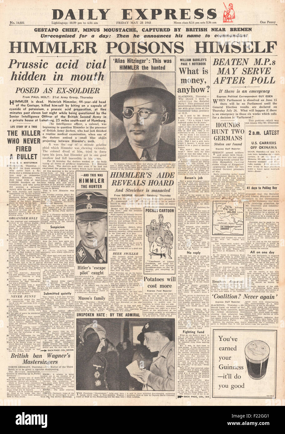 1945 Daily Express front page reporting Heinrich Himmler suicida mentre in British custodia Foto Stock