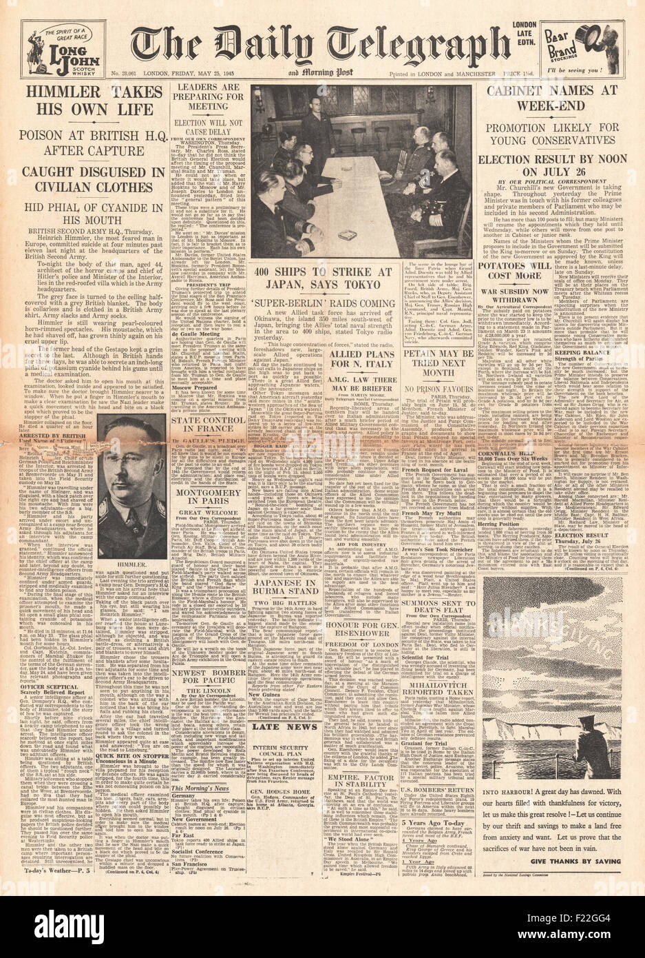 1945 Daily Telegraph front page reporting Heinrich Himmler suicida mentre in British custodia Foto Stock