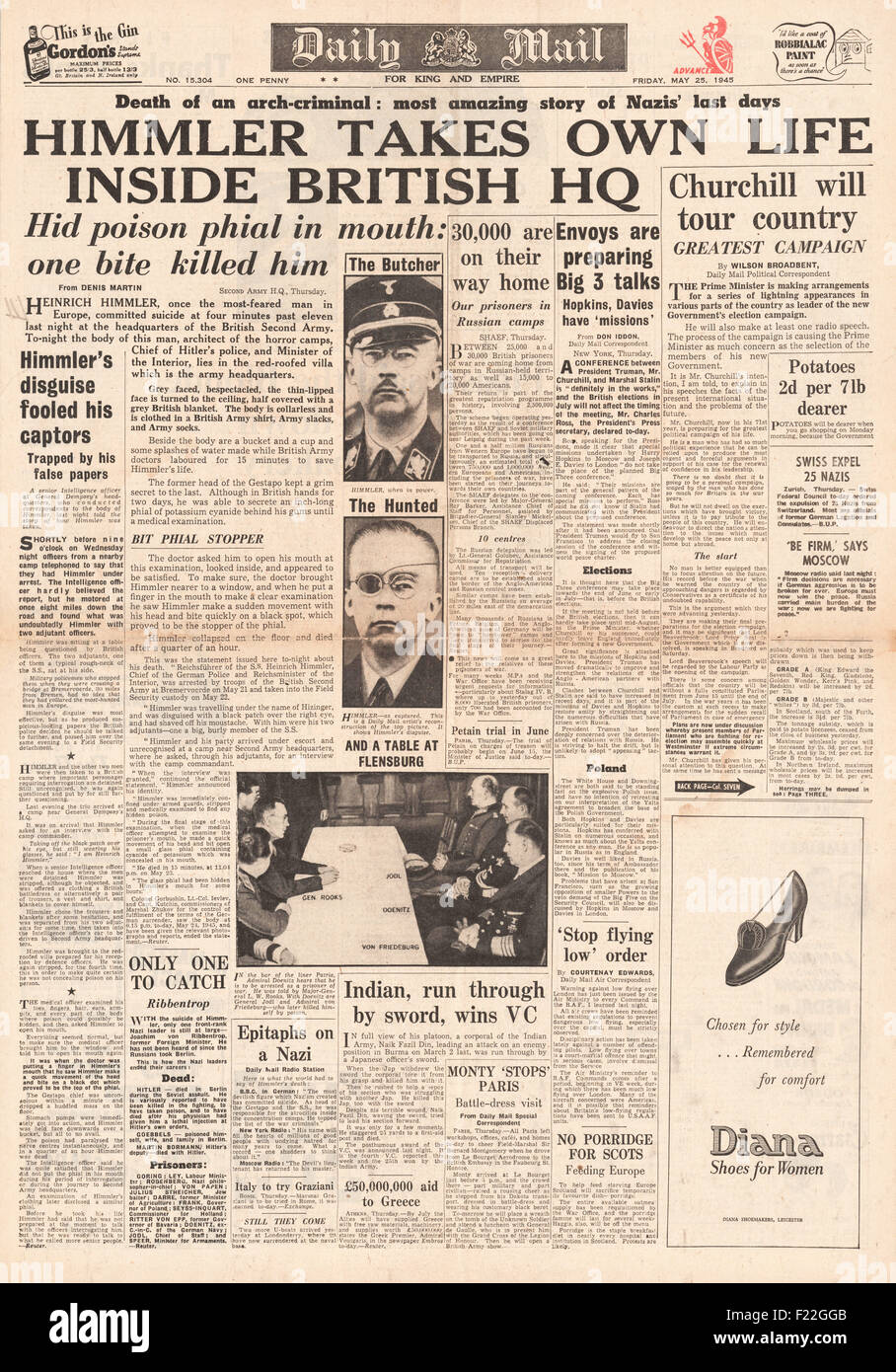 1945 Daily Mail front page reporting Heinrich Himmler suicida mentre in British custodia Foto Stock
