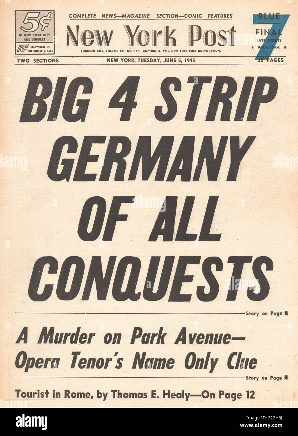 1945 New York Post pagina anteriore reporting striscia alleati della Germania di tutte le conquiste Foto Stock
