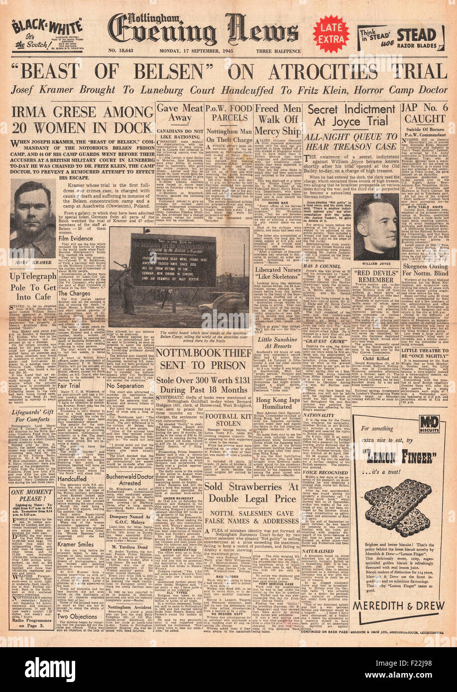 1945 Nottingham Evening News pagina anteriore segnalato il giorno di apertura di Belsen trial a Lüneburg Foto Stock