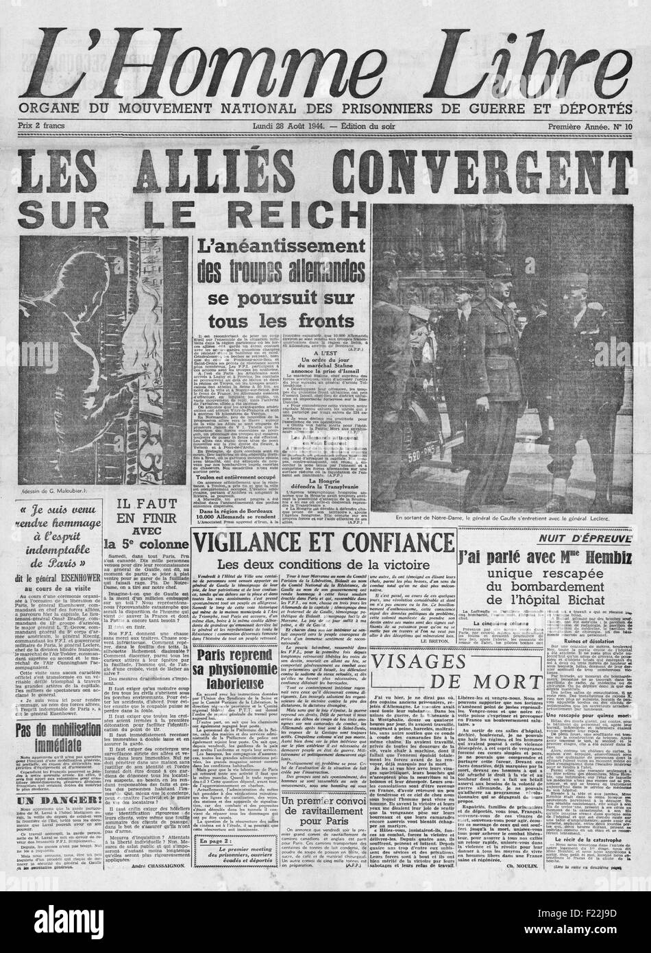 1944 L'Homme Libre (Francia) front page alleati di reporting convergono sul Reich Tedesco Foto Stock