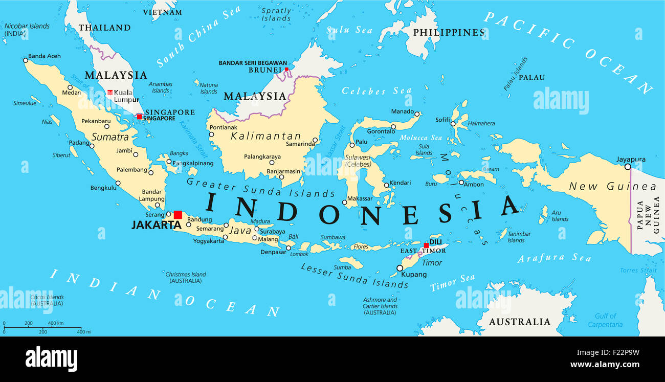 Indonesia mappa politico con capitale Giacarta, i confini nazionali e importanti città. Etichetta inglese e la scala. Illustrazione. Foto Stock