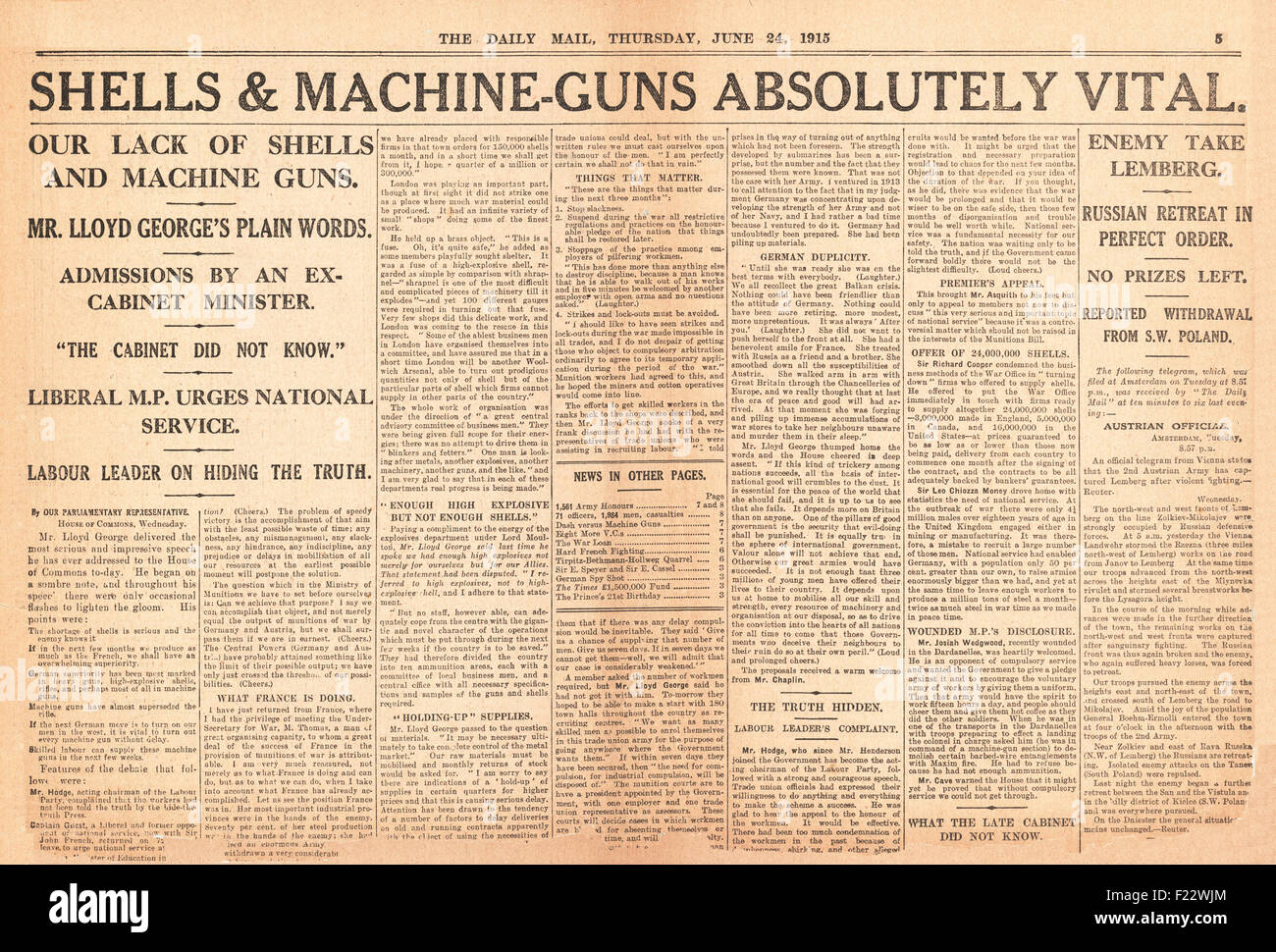 1915 Daily Mail Lloyd George discorso sullo scandalo delle munizioni Foto Stock