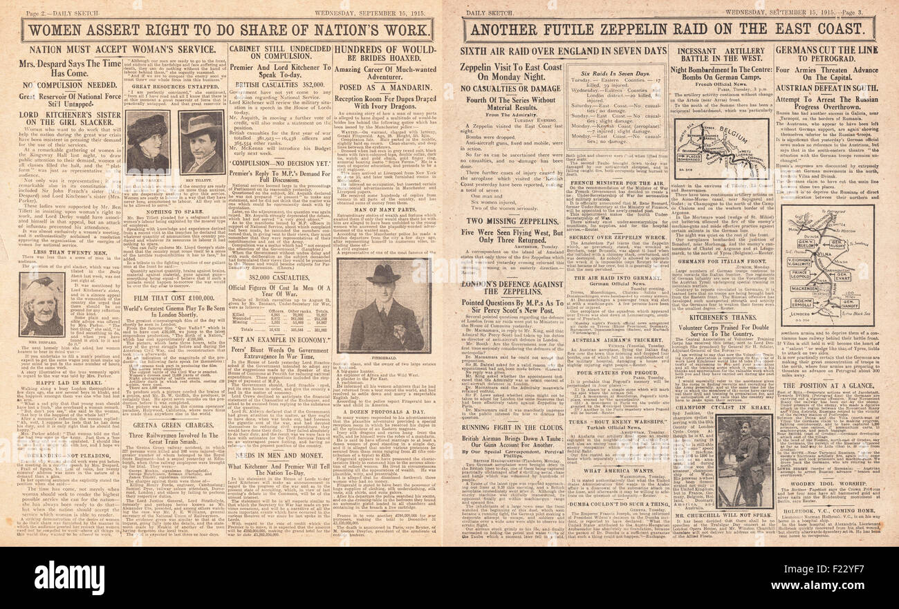 1915 Daily Sketch Zeppelin RAID sulla costa orientale Foto Stock