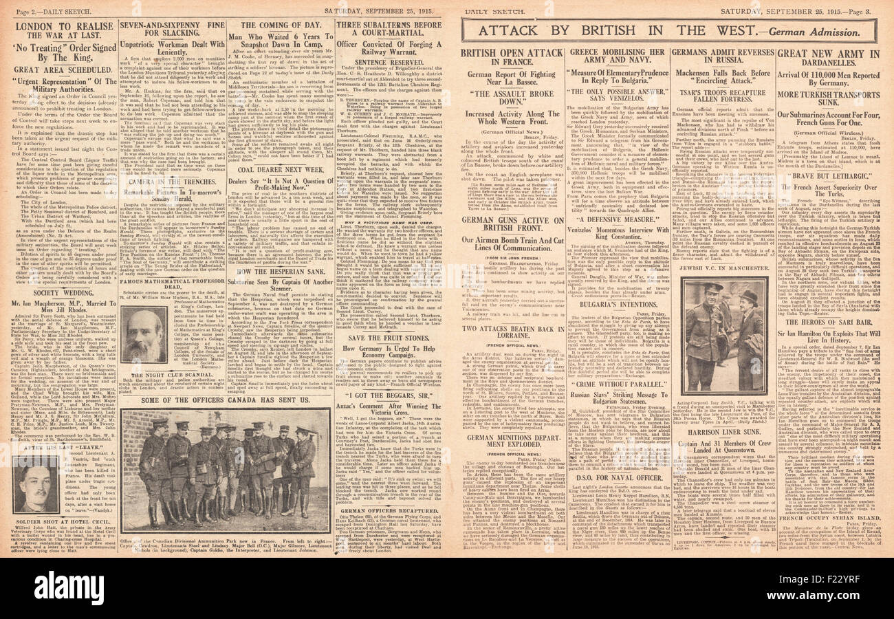 1915 Daily Sketch offensiva britannica sul fronte occidentale Foto Stock