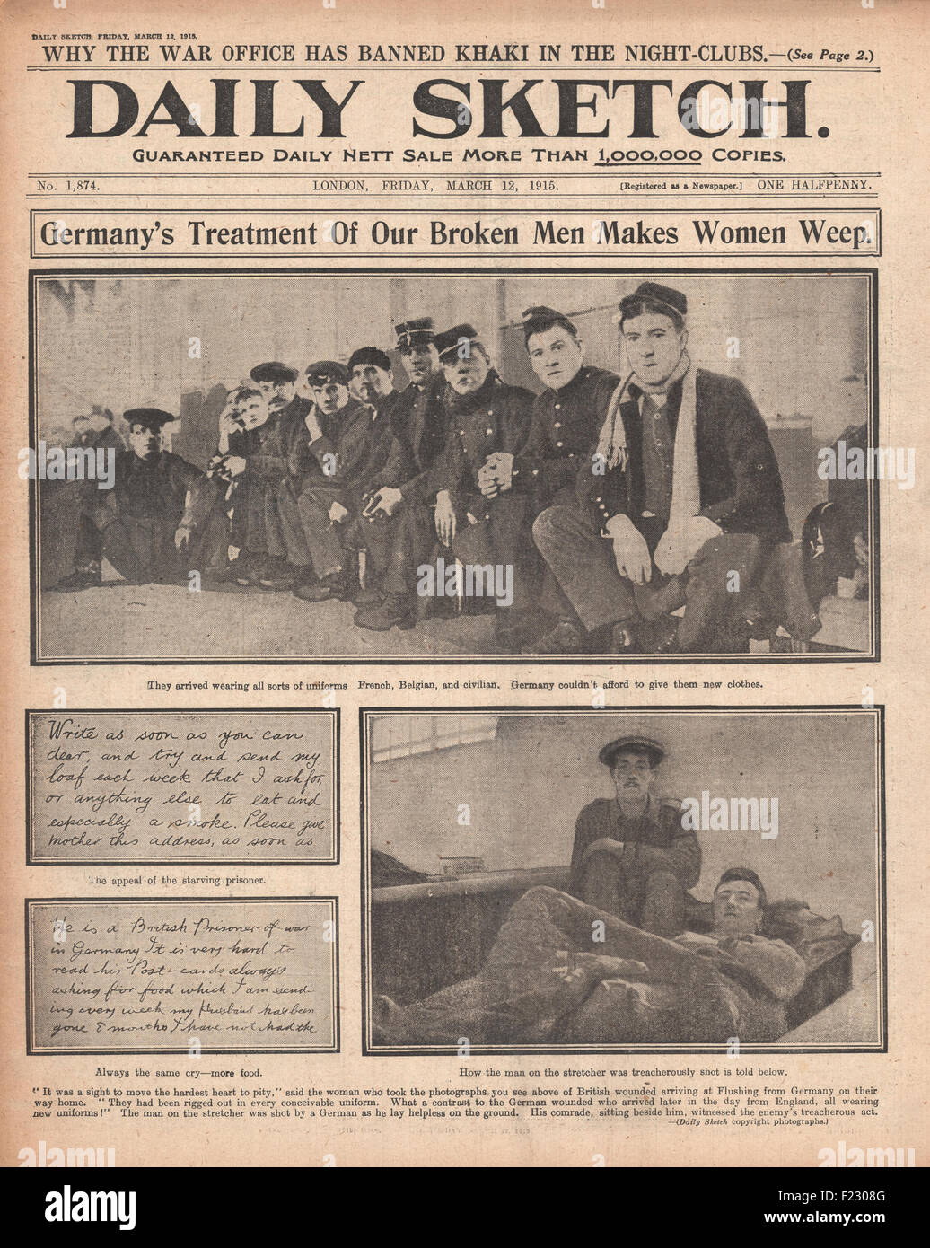 1915 Daily Sketch prigionieri di guerra francesi e belgi Foto Stock