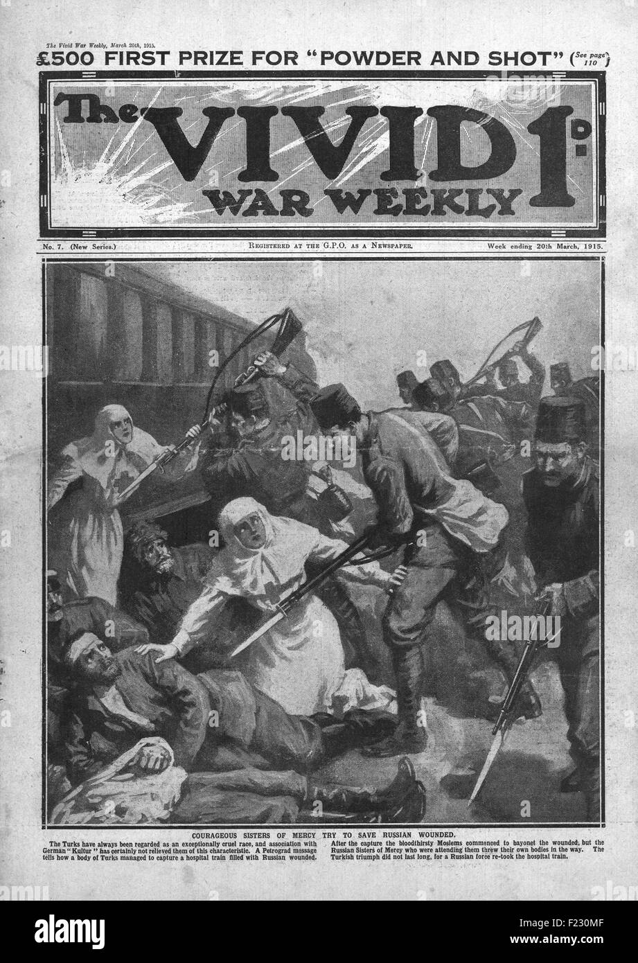 1915 Vivid War Weekly che illustra truppe turche che bayoneting russo feriti Foto Stock