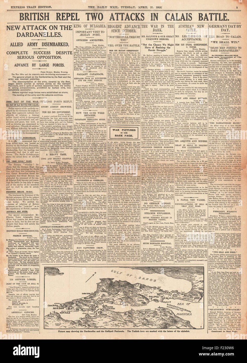 1915 Daily Mail British respinge gli attacchi in battaglia per Calais Foto Stock
