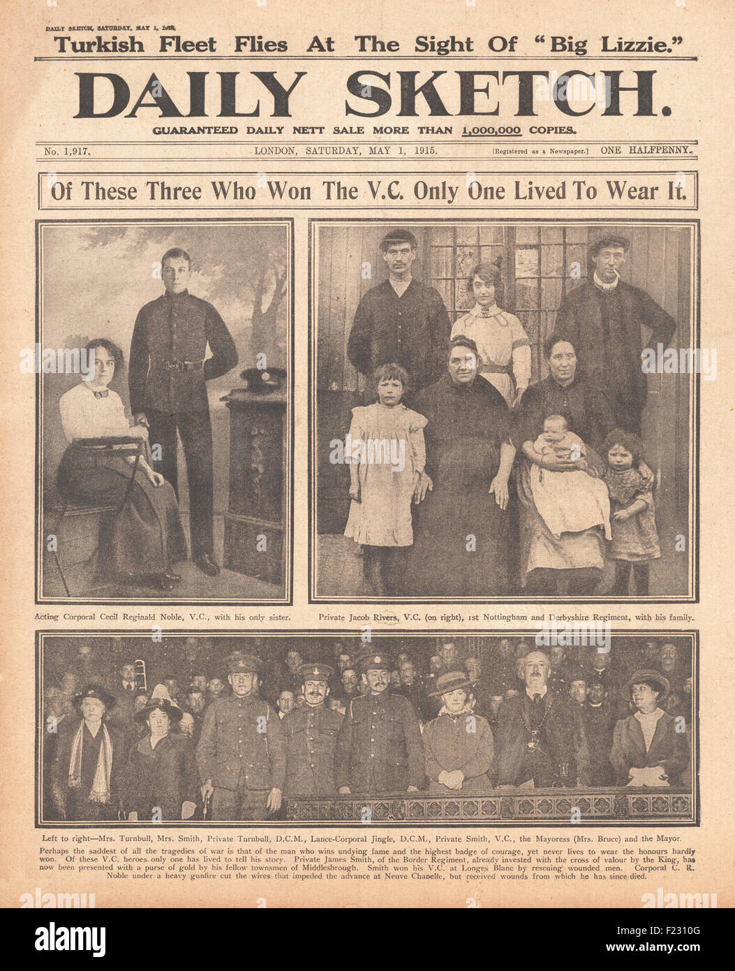1915 Daily Sketch Cecil Noble, Jacob Rivers e James Smith, vincitori VC Foto Stock