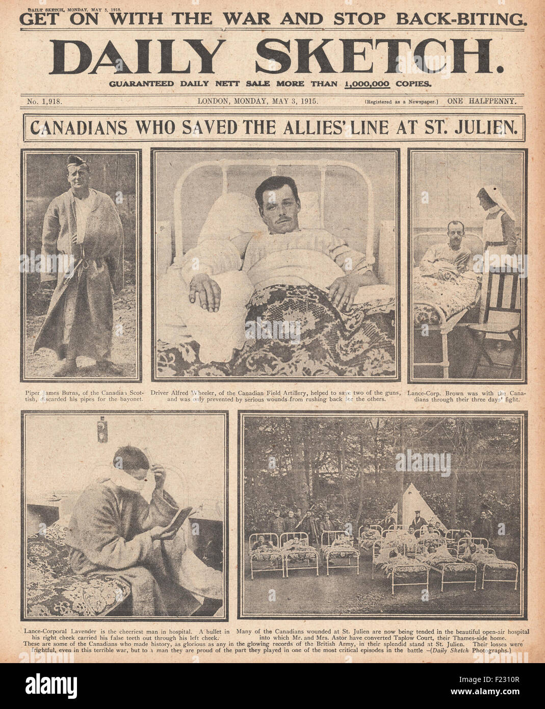1915 Daily Sketch soldati canadesi feriti a St. Julien Foto Stock